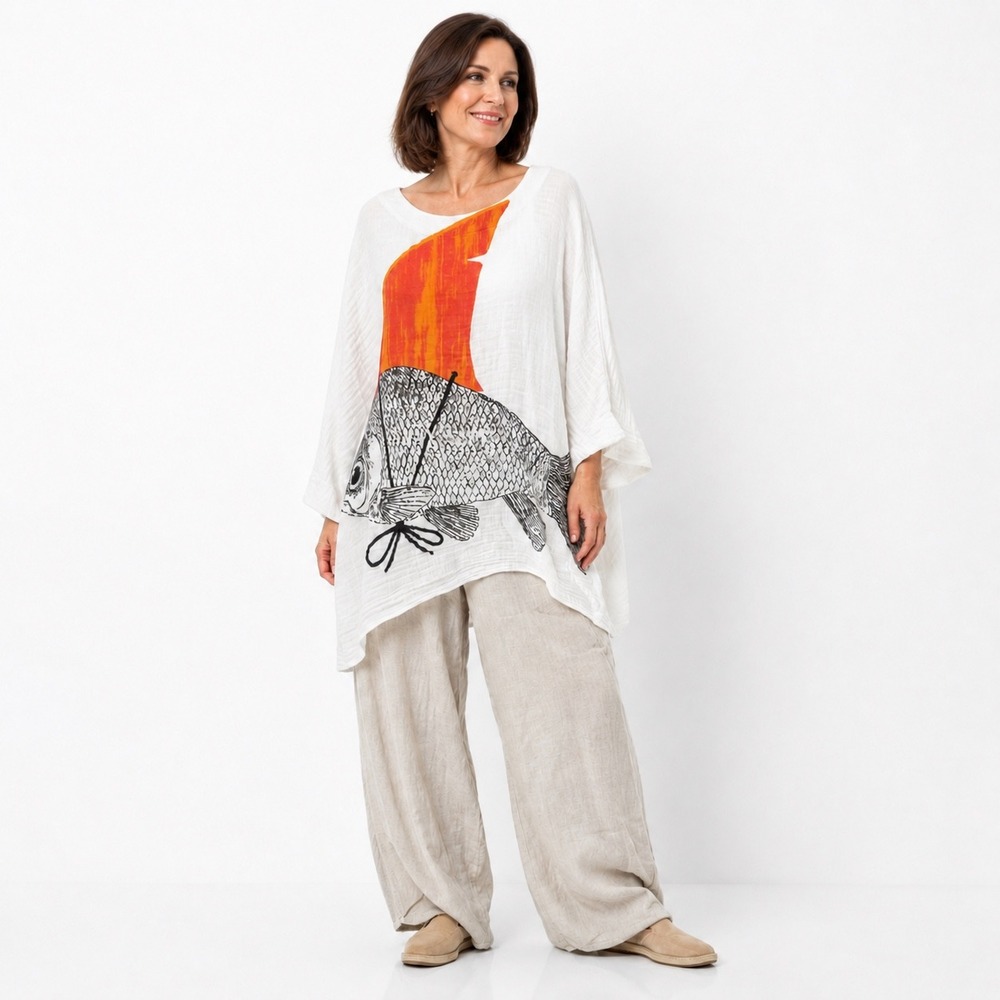Cupcake White Gauze Cotton Fish Graphic Tunic Top Oversized OS Dolan Sleeve